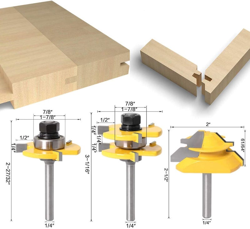 APLUS Lock Miter 45 Degree Joint Router Bits + 2Pcs Tongue and Groove Set [1/4-Inch Shank], APLUS 45Â° Lock Mitre Glue Joint Router Bit + Router Bit Set 3 Teeth T Shape, Wood Milling Cutter Woodworking Tool - Image 3